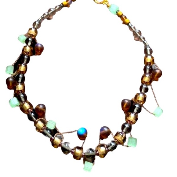 Artesian Glass Beaded Collar Necklace Choker Green Gold Copper Colors Jewelry - Picture 3 of 9